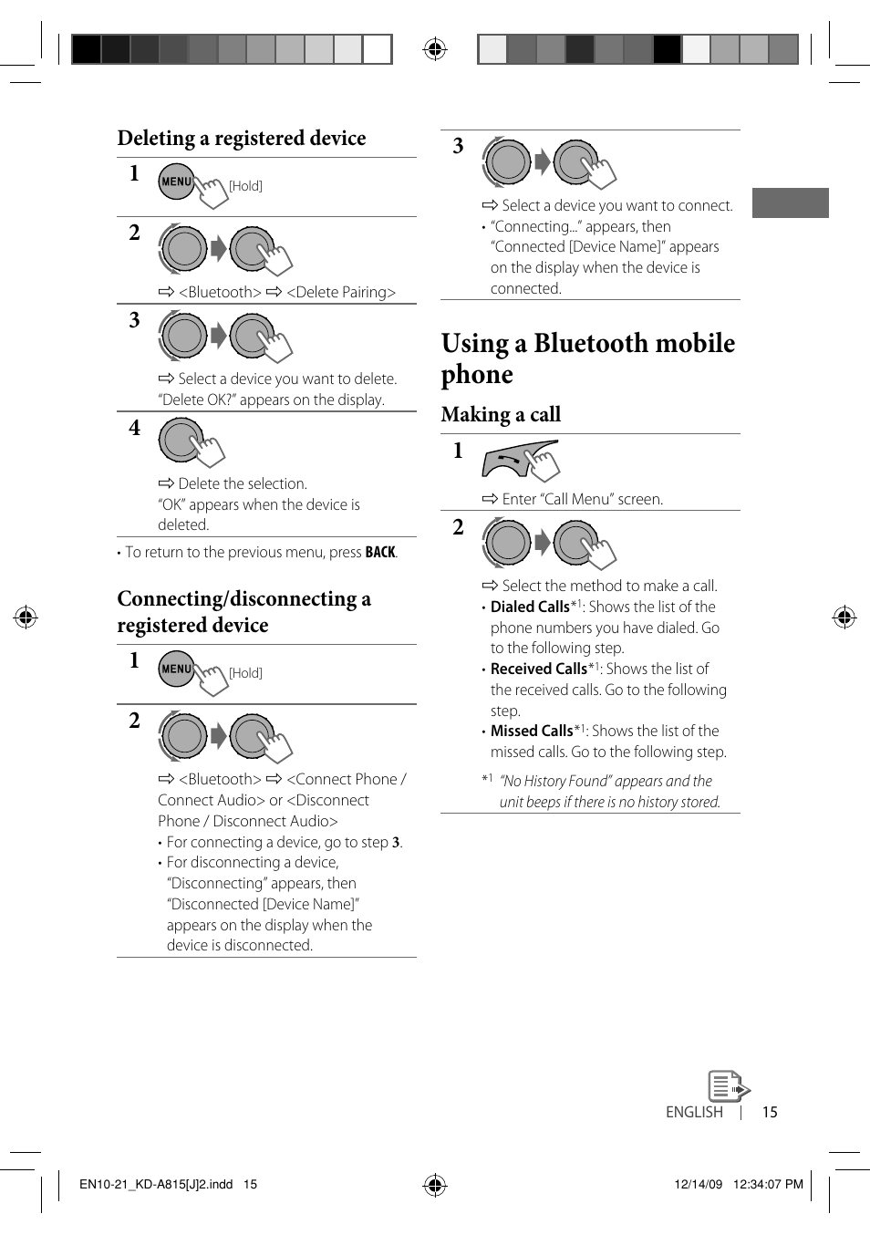 Using a bluetooth mobile phone, Deleting a registered device, Connecting/disconnecting a registered device | Making a call | JVC GET0651-001A User Manual | Page 15 / 145