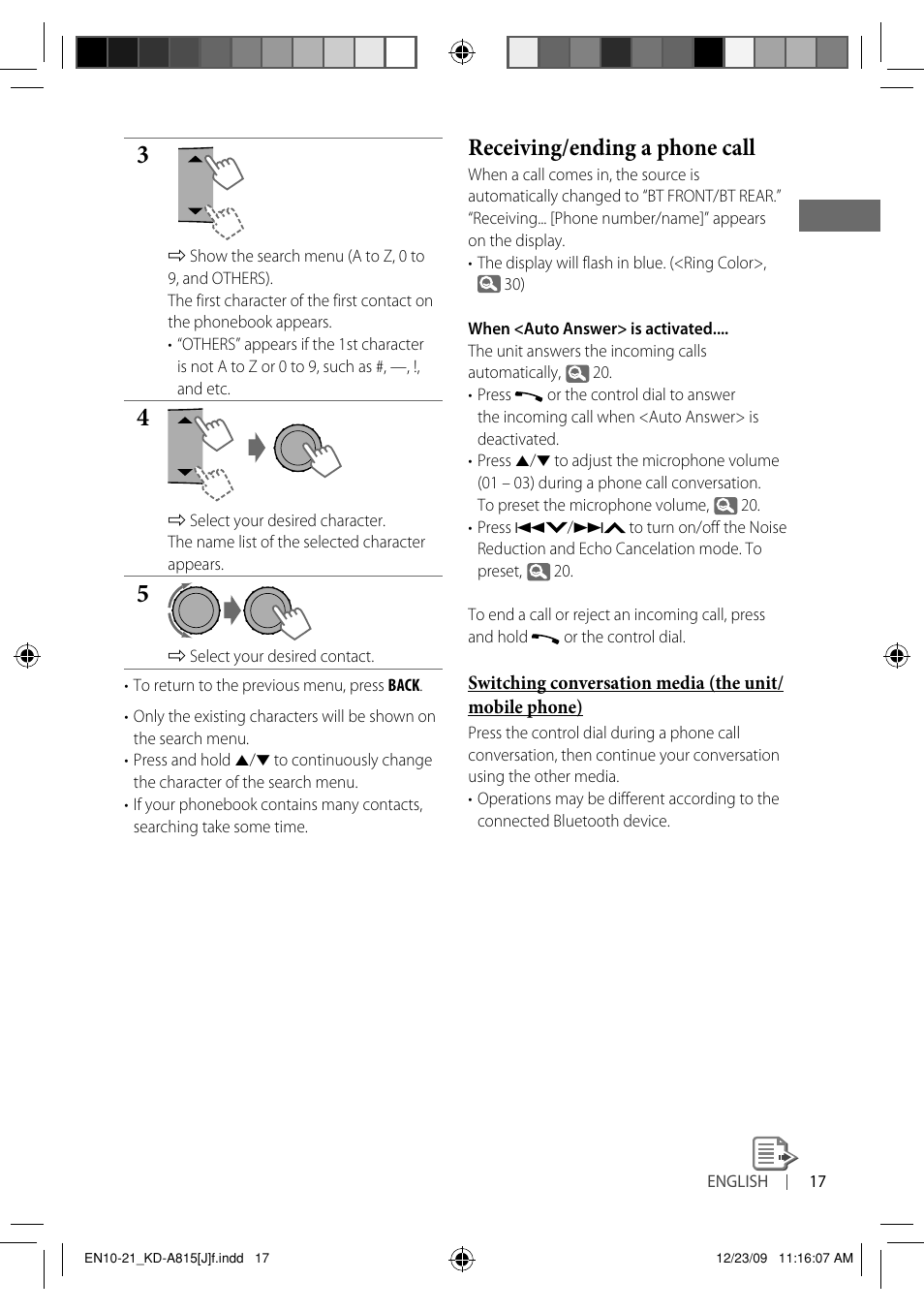 Receiving/ending a phone call | JVC GET0651-001A User Manual | Page 17 / 145