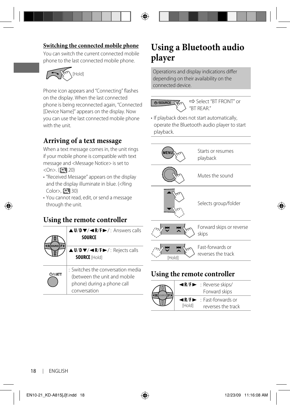 Using a bluetooth audio player, Using the remote controller, Arriving of a text message | JVC GET0651-001A User Manual | Page 18 / 145