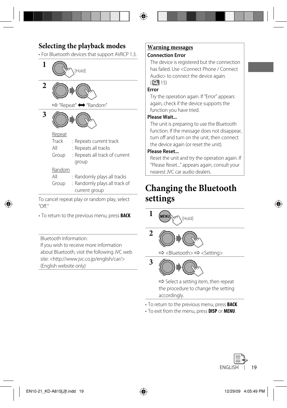 Changing the bluetooth settings, Selecting the playback modes | JVC GET0651-001A User Manual | Page 19 / 145