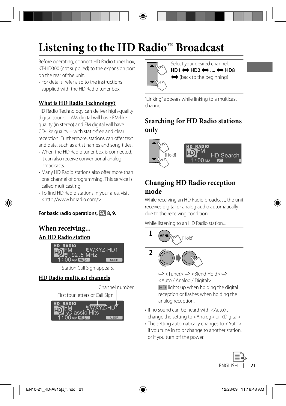 Listening to the hd radio ™ broadcast, When receiving | JVC GET0651-001A User Manual | Page 21 / 145