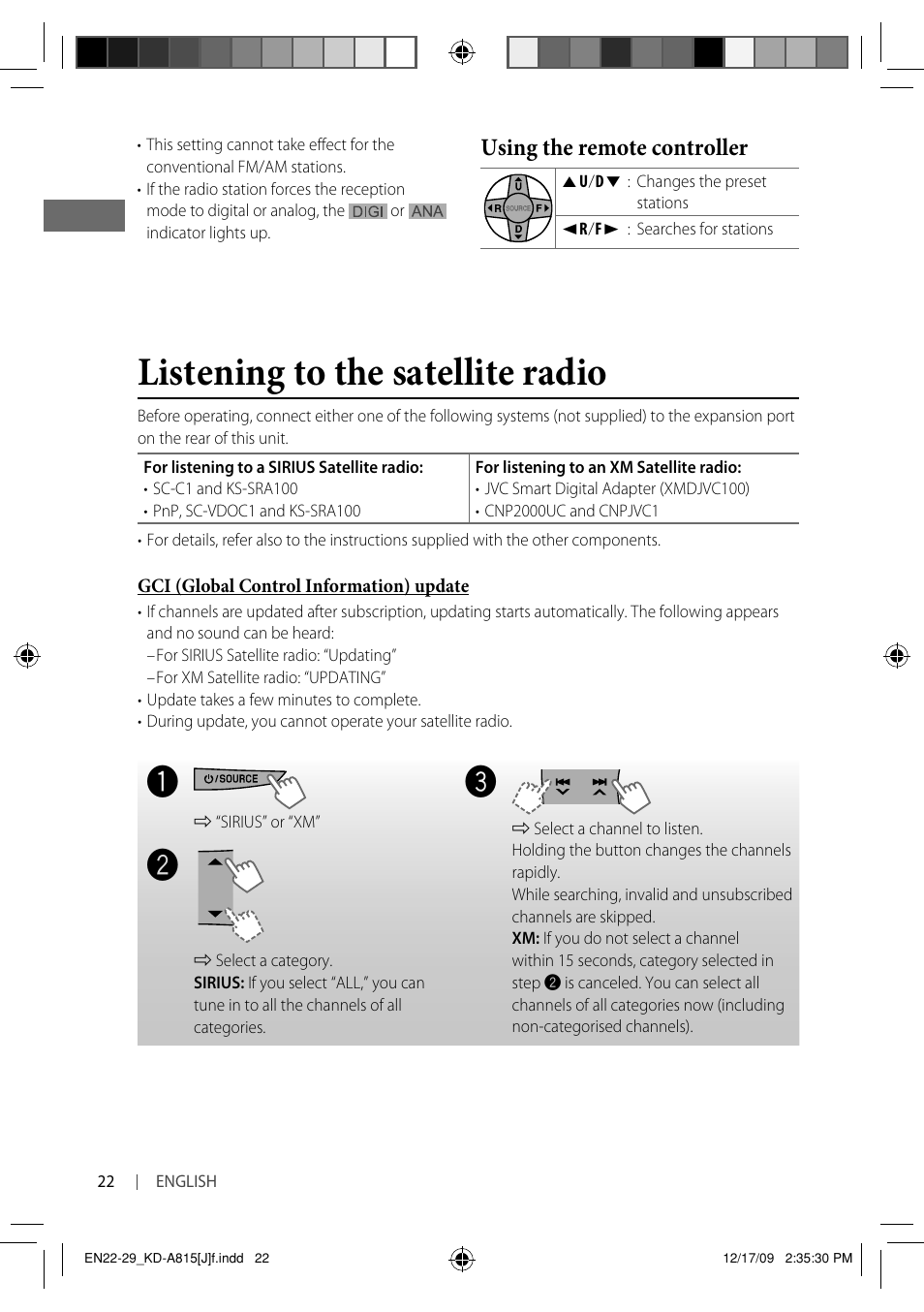 Listening to the satellite radio, Using the remote controller | JVC GET0651-001A User Manual | Page 22 / 145