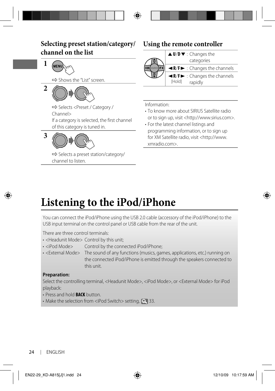 Listening to the ipod/iphone, Using the remote controller | JVC GET0651-001A User Manual | Page 24 / 145