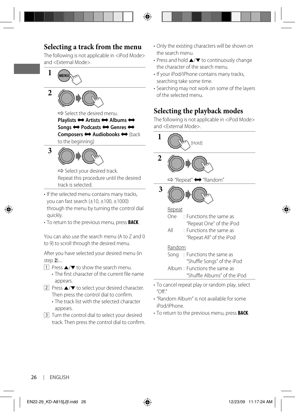 Selecting the playback modes, Selecting a track from the menu | JVC GET0651-001A User Manual | Page 26 / 145