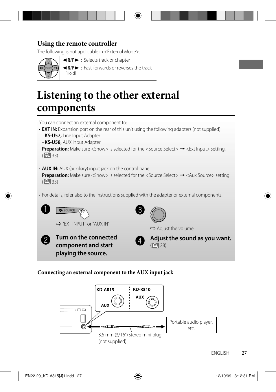 Listening to the other external components, Using the remote controller | JVC GET0651-001A User Manual | Page 27 / 145