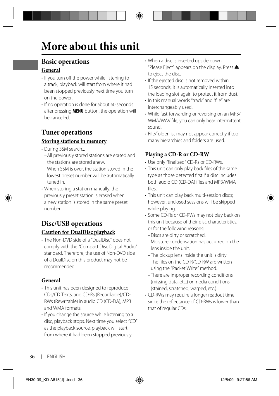More about this unit, Basic operations, Tuner operations | Disc/usb operations | JVC GET0651-001A User Manual | Page 36 / 145