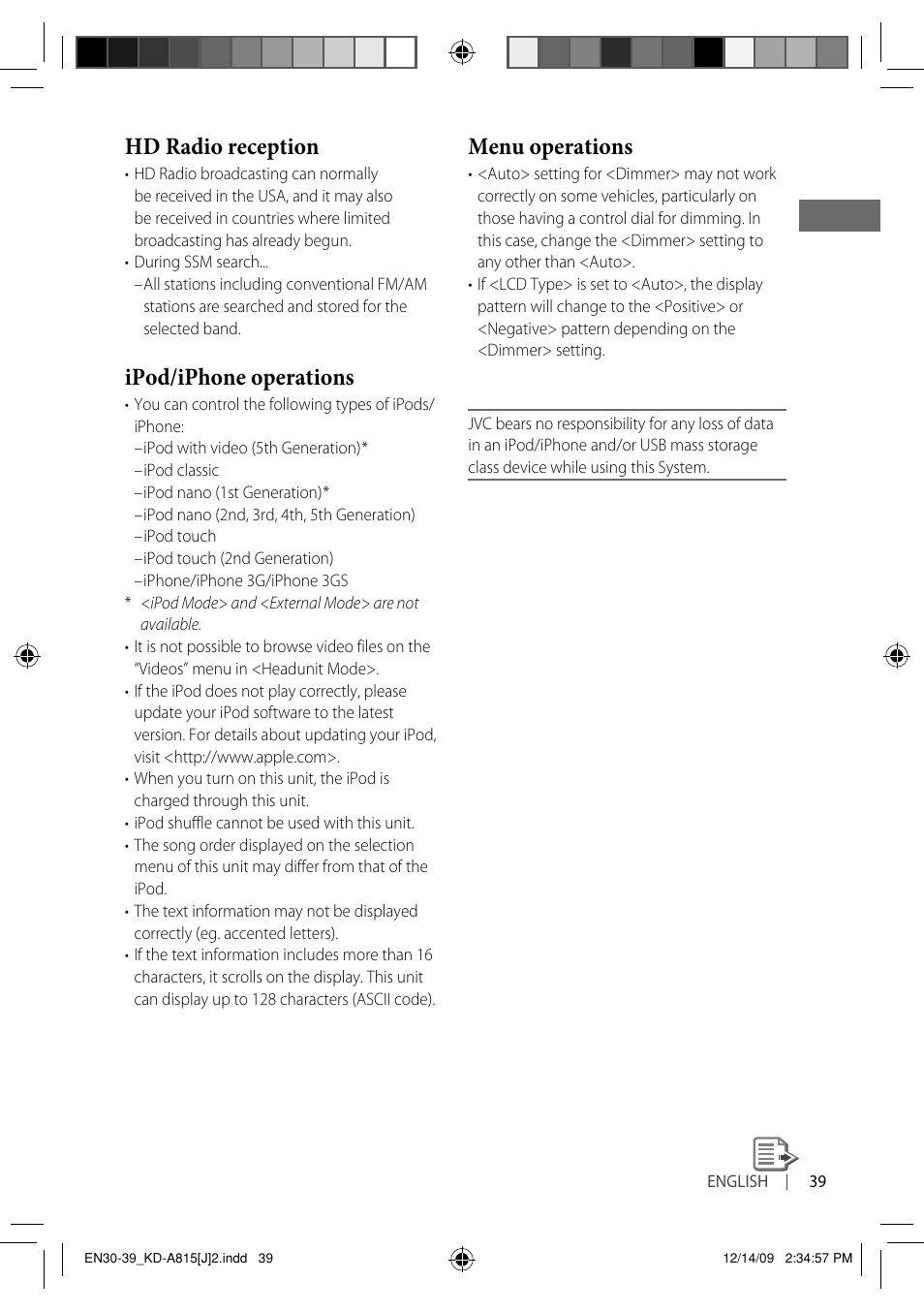 Hd radio reception, Ipod/iphone operations, Menu operations | JVC GET0651-001A User Manual | Page 39 / 145