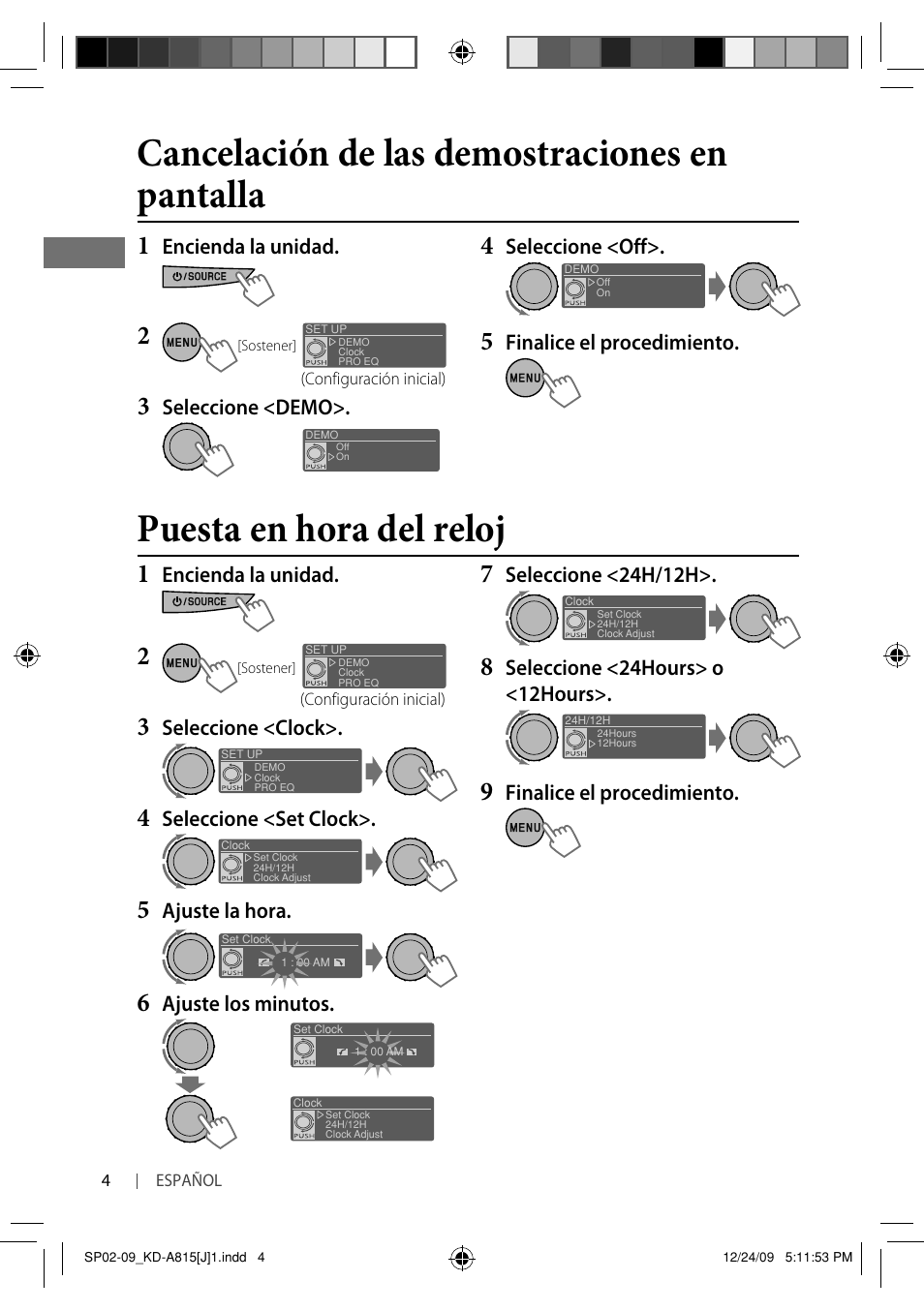 Puesta en hora del reloj, Cancelación de las demostraciones en pantalla | JVC GET0651-001A User Manual | Page 52 / 145