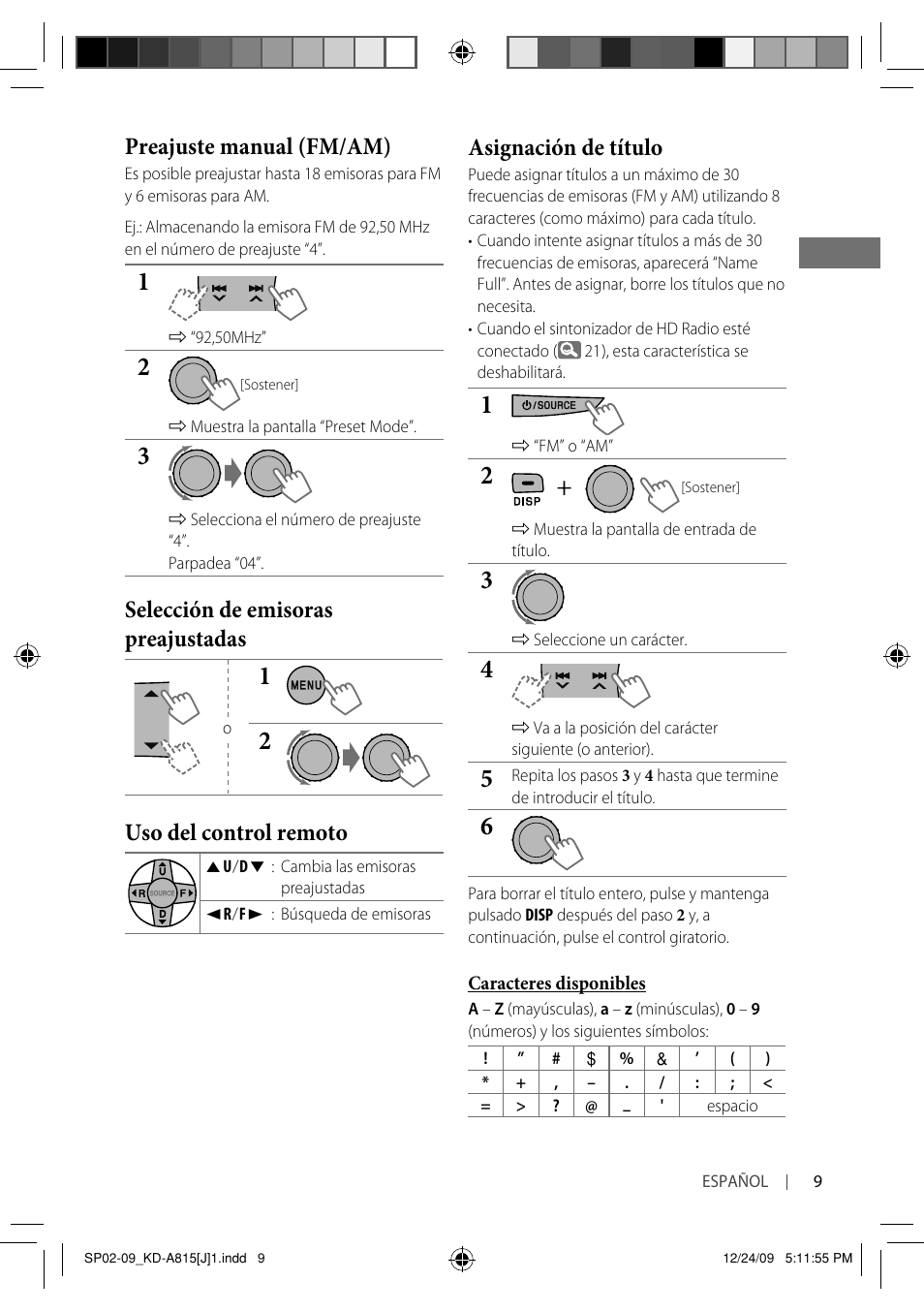 Preajuste manual (fm/am), Selección de emisoras preajustadas, Uso del control remoto | Asignación de título | JVC GET0651-001A User Manual | Page 57 / 145