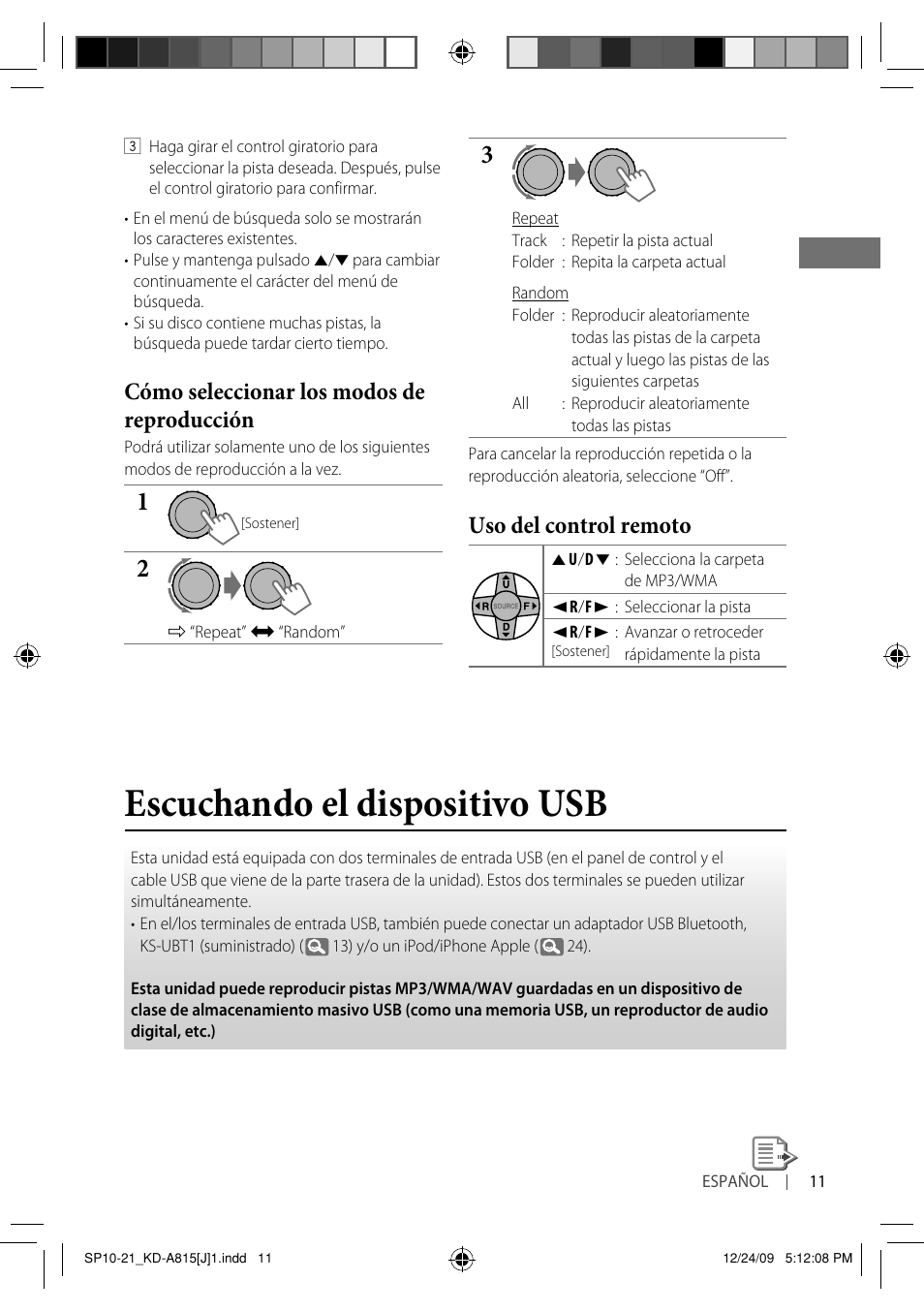 Escuchando el dispositivo usb, Cómo seleccionar los modos de reproducción, Uso del control remoto | JVC GET0651-001A User Manual | Page 59 / 145