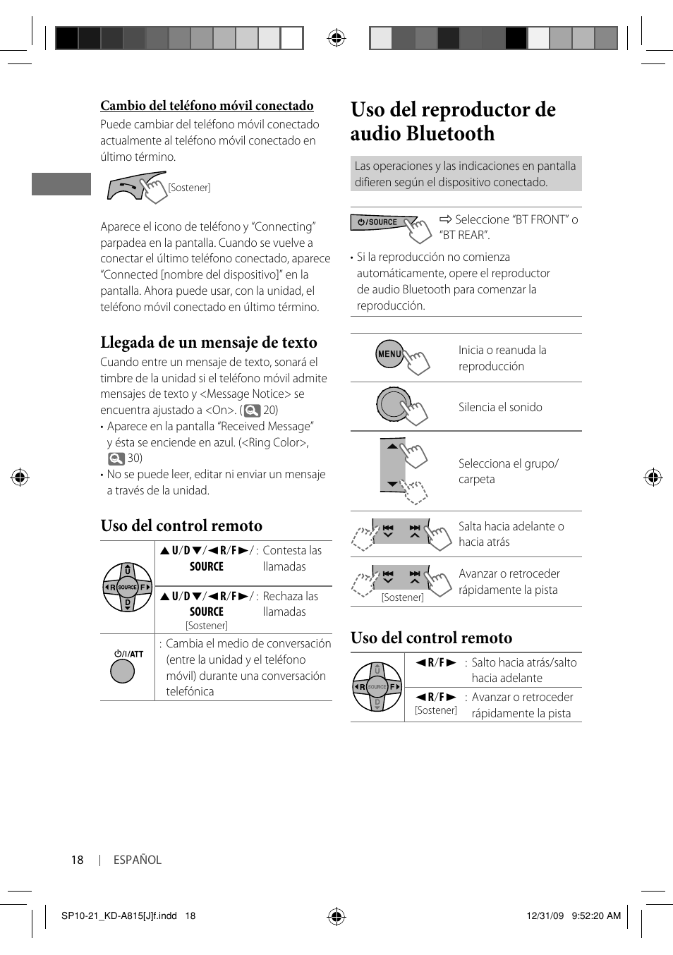 Uso del reproductor de audio bluetooth, Uso del control remoto, Llegada de un mensaje de texto | JVC GET0651-001A User Manual | Page 66 / 145