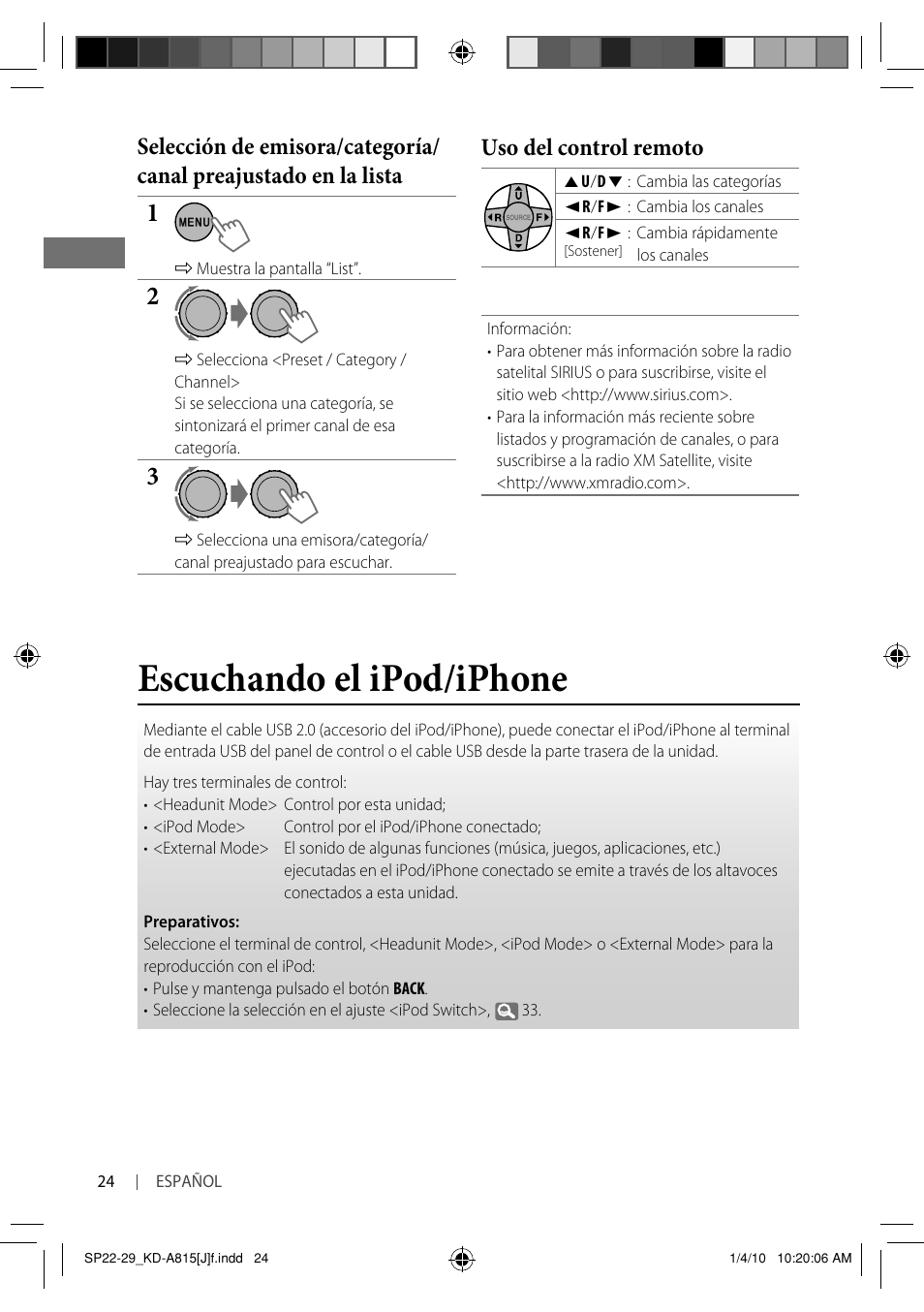 Escuchando el ipod/iphone, Uso del control remoto | JVC GET0651-001A User Manual | Page 72 / 145