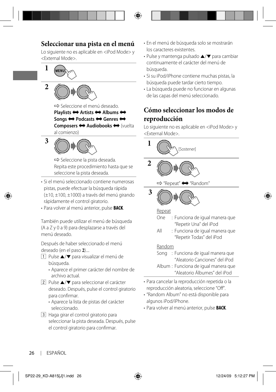 Cómo seleccionar los modos de reproducción, Seleccionar una pista en el menú | JVC GET0651-001A User Manual | Page 74 / 145