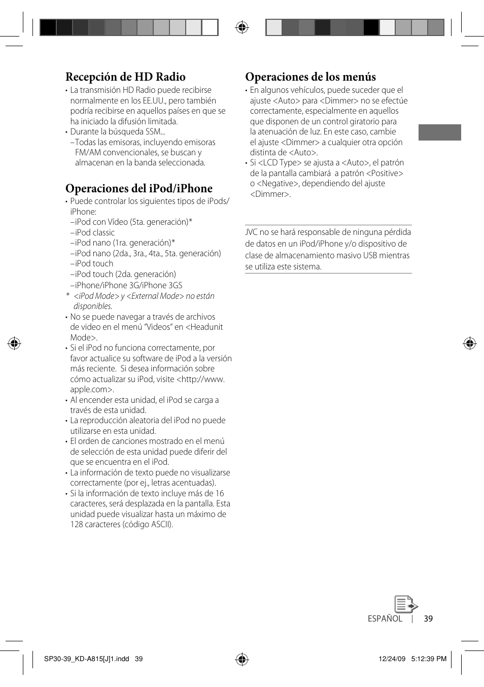 Recepción de hd radio, Operaciones del ipod/iphone, Operaciones de los menús | JVC GET0651-001A User Manual | Page 87 / 145