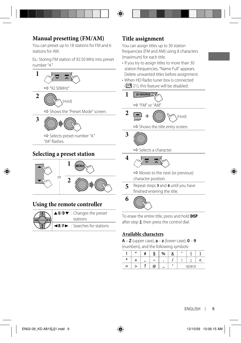 Manual presetting (fm/am), Selecting a preset station, Using the remote controller | Title assignment | JVC GET0651-001A User Manual | Page 9 / 145