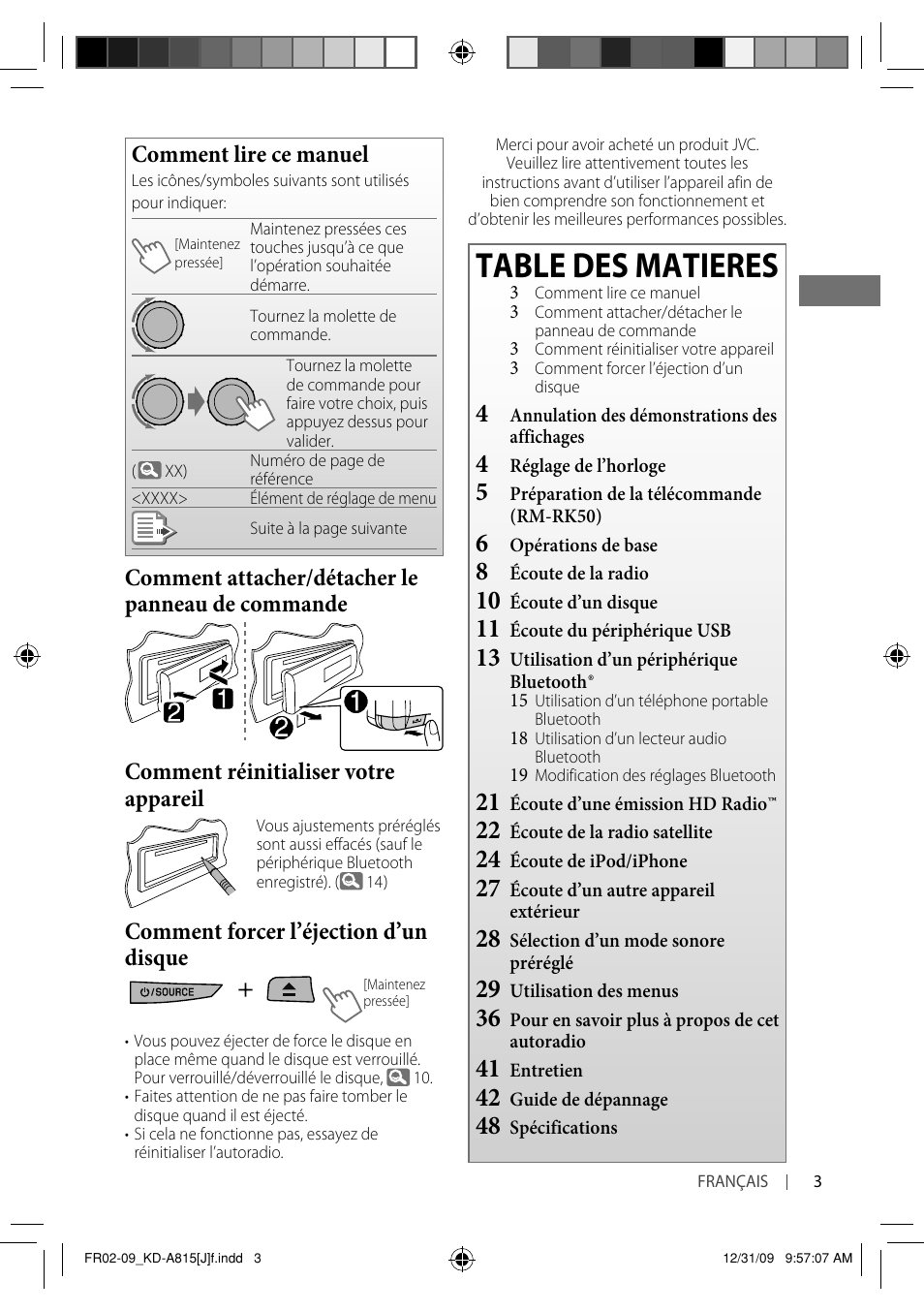 Table des matieres, Comment lire ce manuel, Comment forcer l’éjection d’un disque | JVC GET0651-001A User Manual | Page 99 / 145