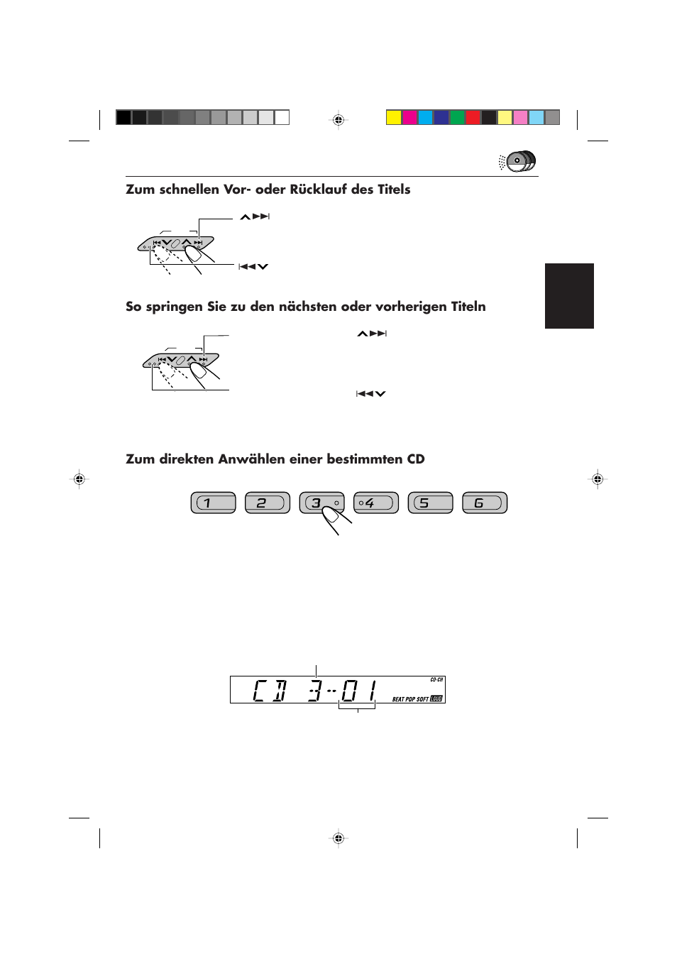 Zum schnellen vor- oder rücklauf des titels, Zum direkten anwählen einer bestimmten cd | JVC KS-FX450R User Manual | Page 57 / 122