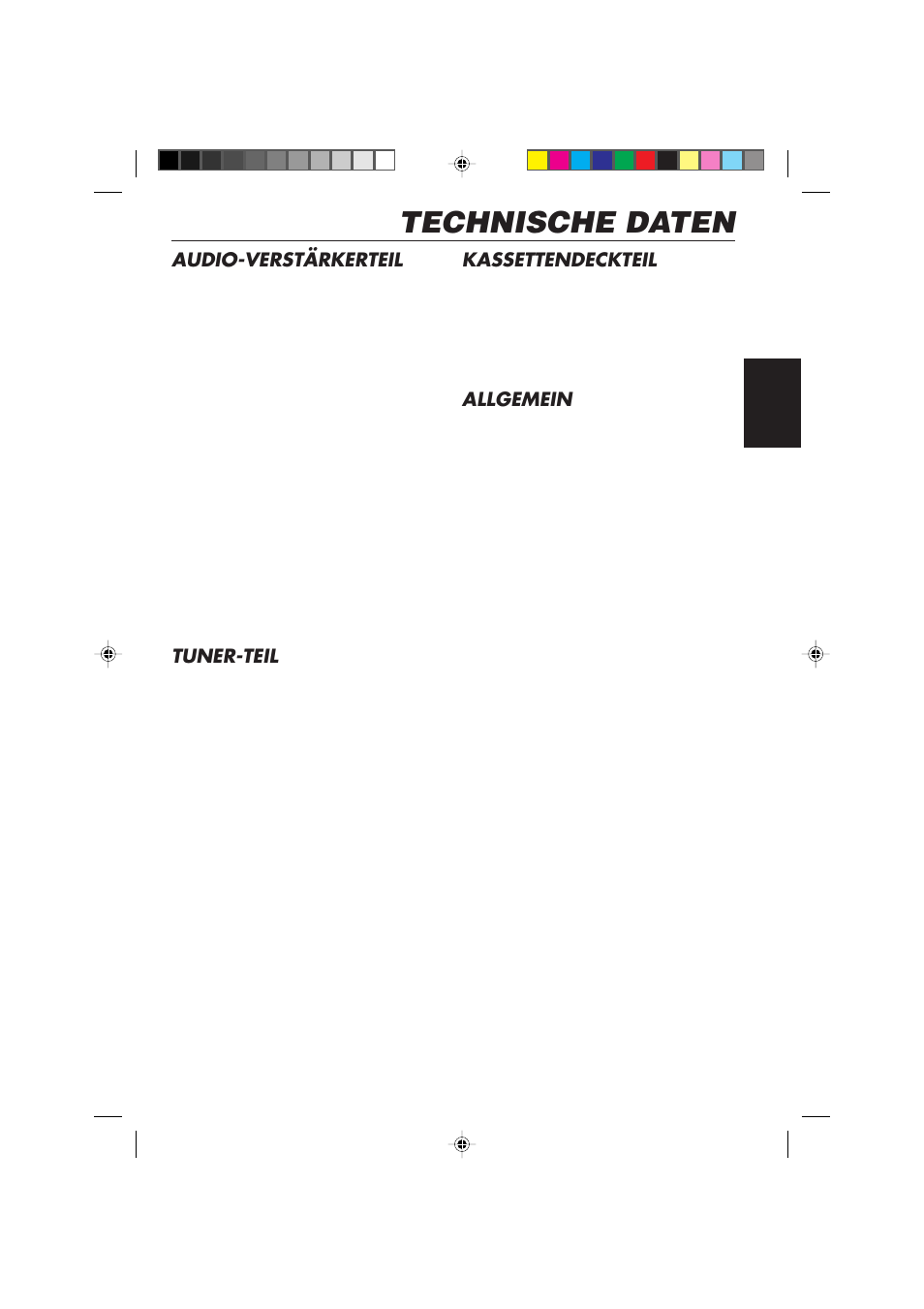 Technische daten, Audio-verstärkerteil, Tuner-teil | Kassettendeckteil, Allgemein | JVC KS-FX450R User Manual | Page 61 / 122
