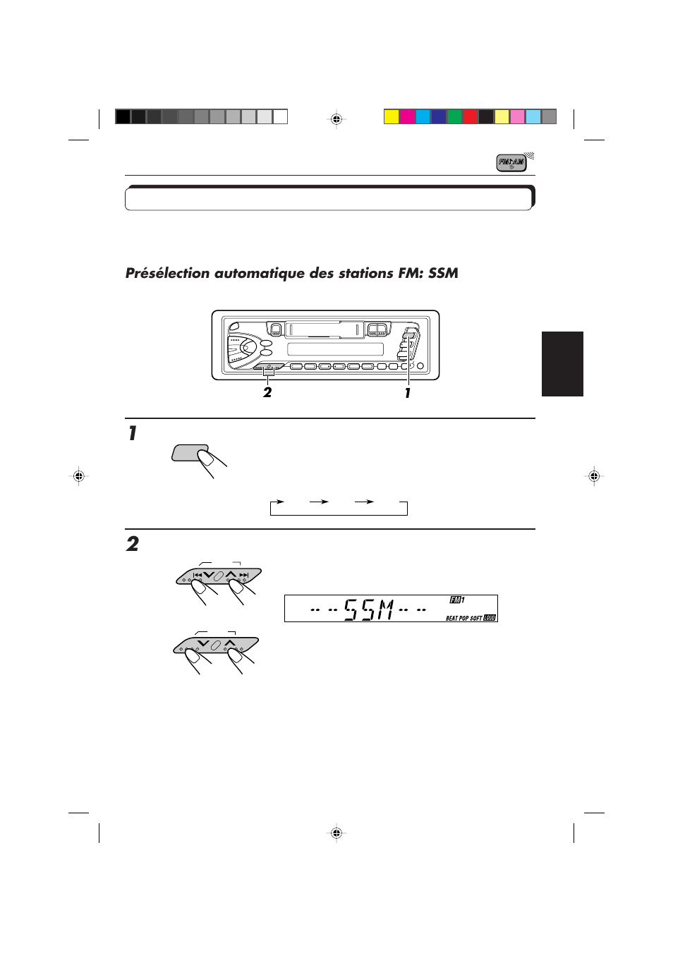 Mémorisation des stations, Présélection automatique des stations fm: ssm | JVC KS-FX450R User Manual | Page 65 / 122