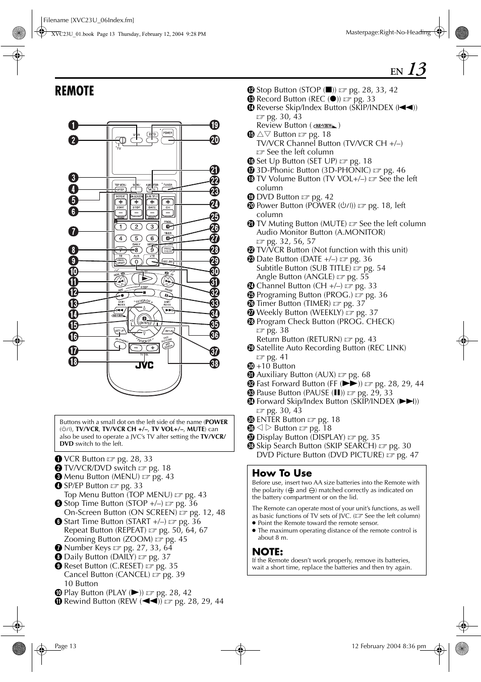 Remote, How to use | JVC HR-XVC23U User Manual | Page 13 / 92