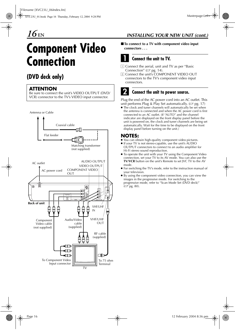 Component video connection, Dvd deck only) | JVC HR-XVC23U User Manual | Page 16 / 92