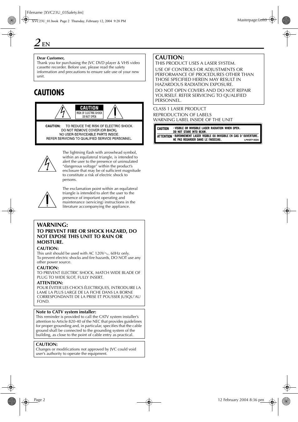 Cautions, Warning, Caution | JVC HR-XVC23U User Manual | Page 2 / 92