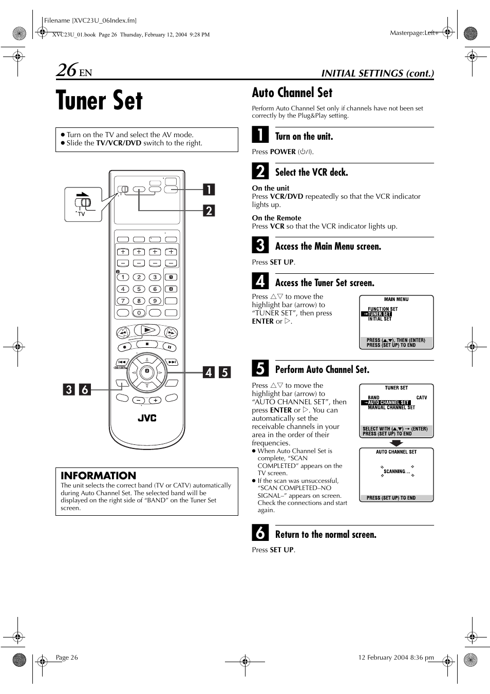 Tuner set, Auto channel set | JVC HR-XVC23U User Manual | Page 26 / 92