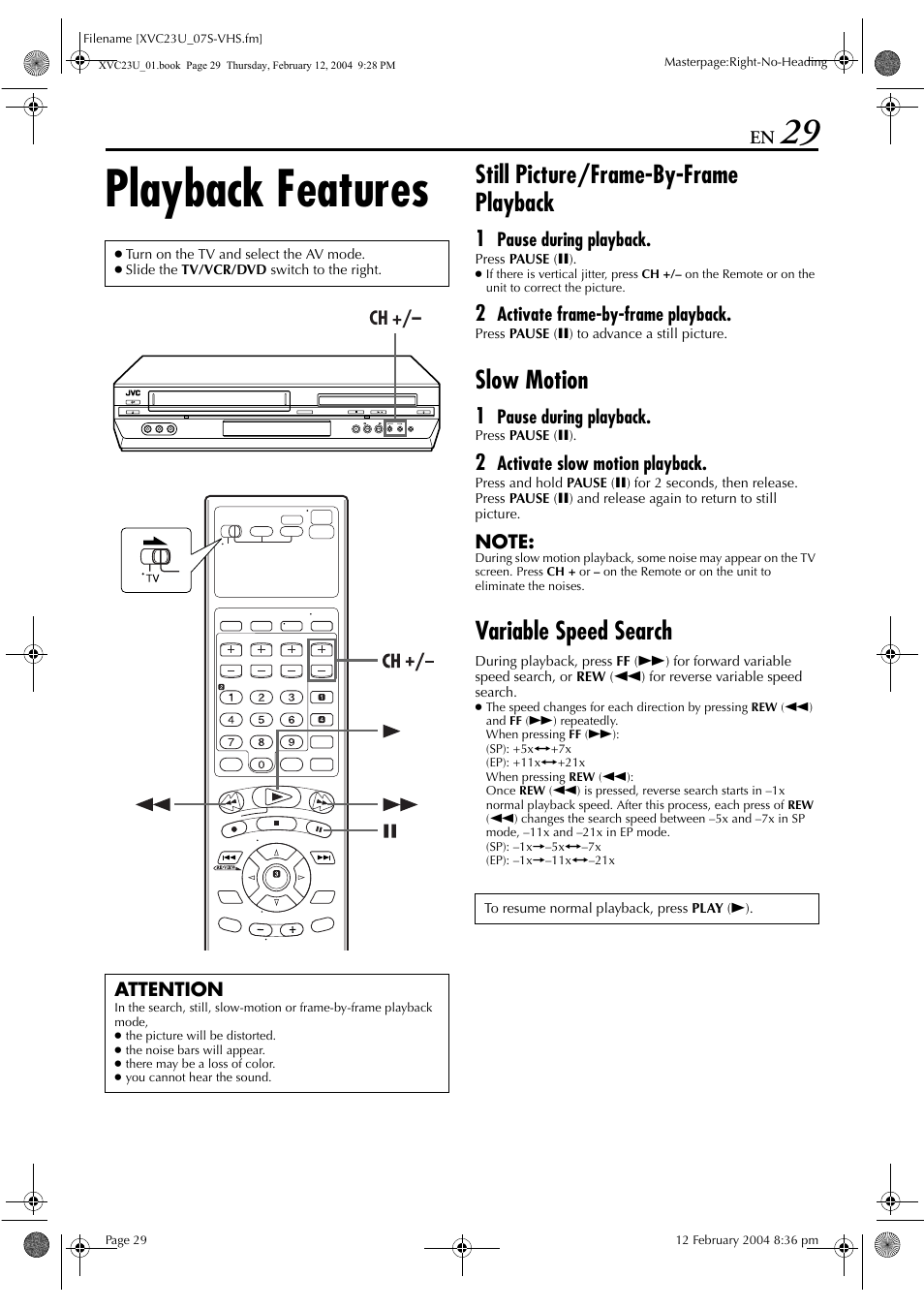 Playback features, Still picture/frame-by-frame playback, Slow motion | Variable speed search | JVC HR-XVC23U User Manual | Page 29 / 92