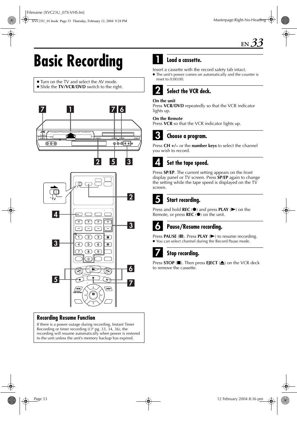 Basic recording | JVC HR-XVC23U User Manual | Page 33 / 92