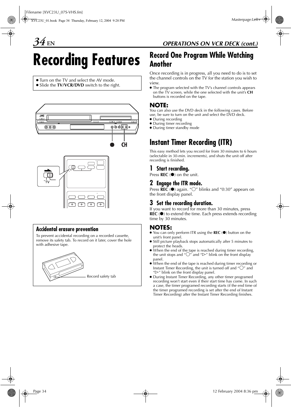 Recording features, Record one program while watching another, Instant timer recording (itr) | JVC HR-XVC23U User Manual | Page 34 / 92