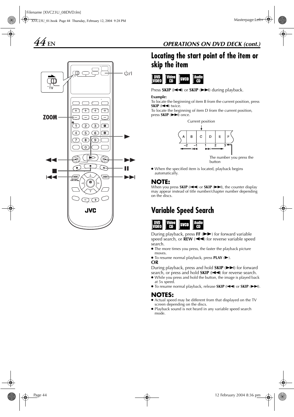 Variable speed search, Operations on dvd deck (cont.) | JVC HR-XVC23U User Manual | Page 44 / 92