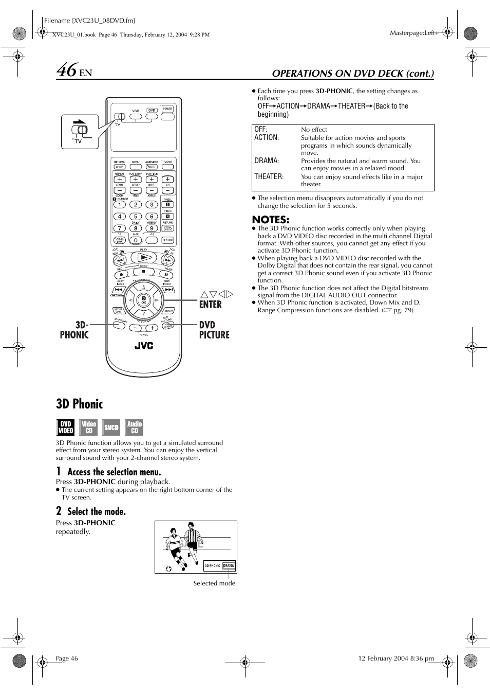 3d phonic, Operations on dvd deck (cont.), Access the selection menu | Select the mode | JVC HR-XVC23U User Manual | Page 46 / 92