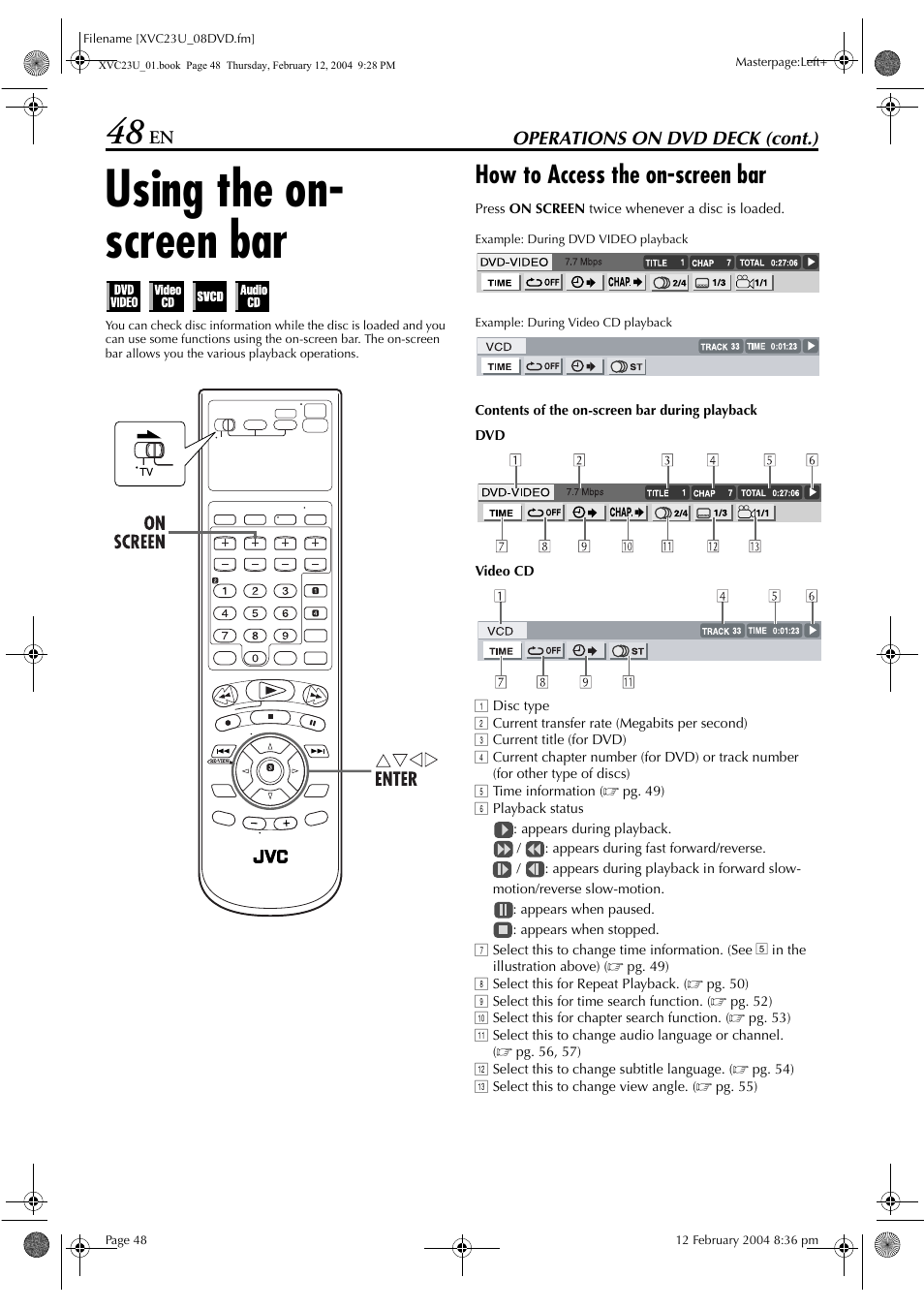 Using the on- screen bar, How to access the on-screen bar | JVC HR-XVC23U User Manual | Page 48 / 92