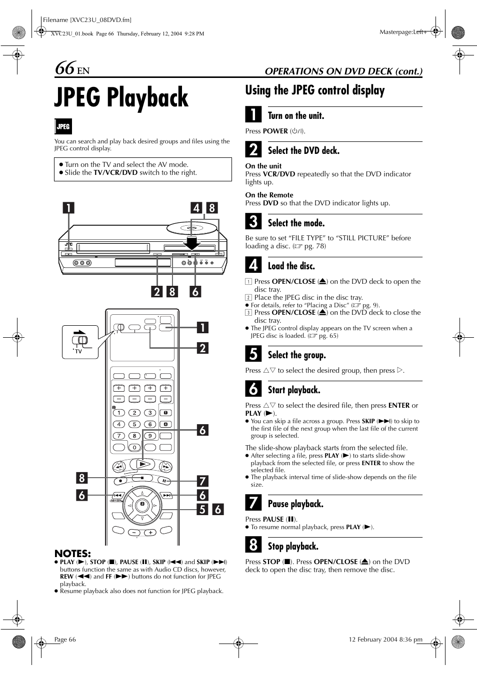 Jpeg playback, Using the jpeg control display | JVC HR-XVC23U User Manual | Page 66 / 92