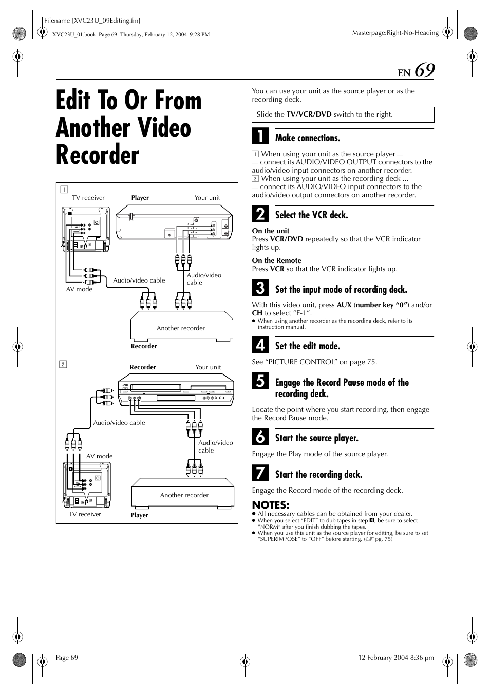 Edit to or from another video recorder | JVC HR-XVC23U User Manual | Page 69 / 92