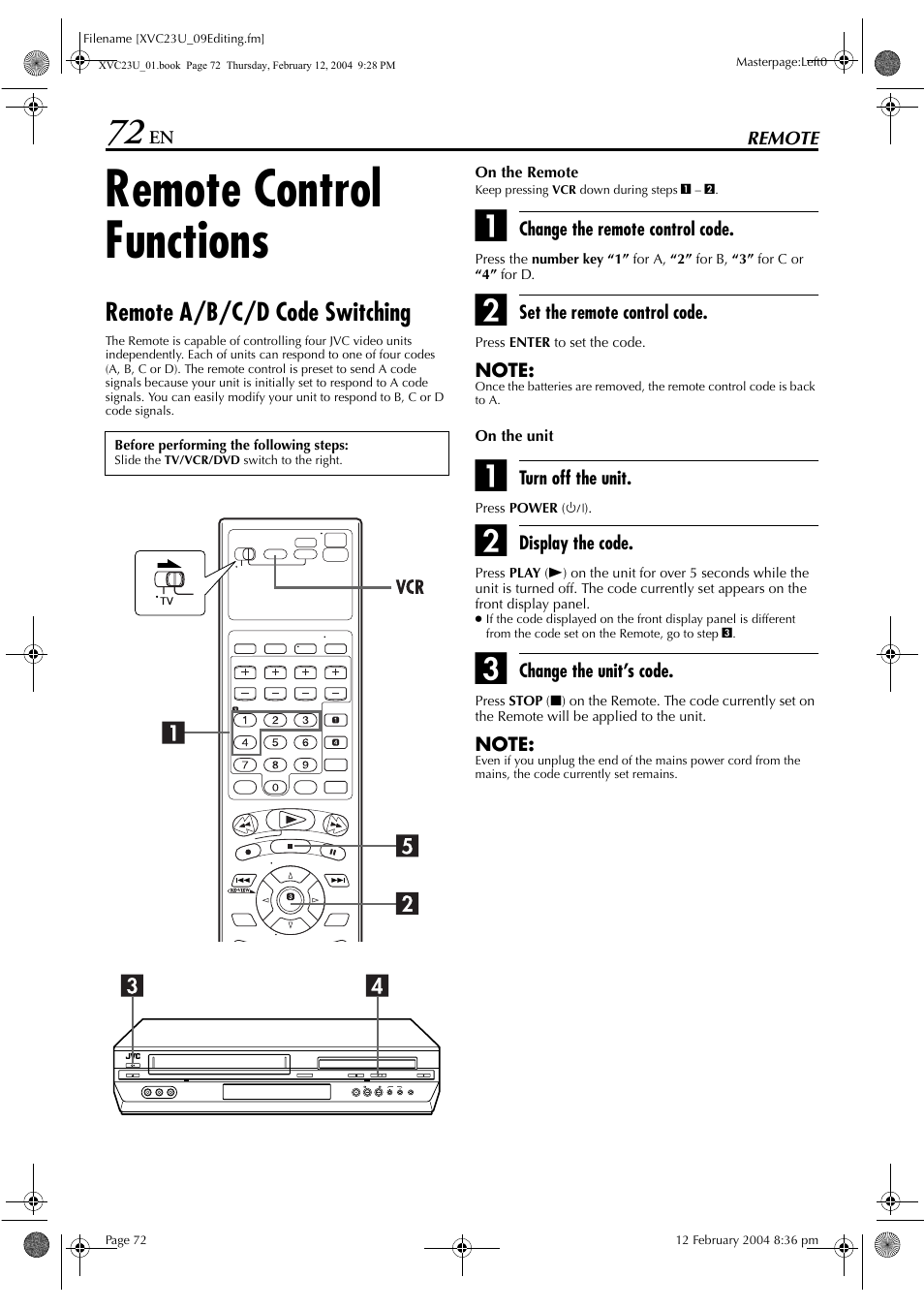 Remote control functions, Remote a/b/c/d code switching | JVC HR-XVC23U User Manual | Page 72 / 92