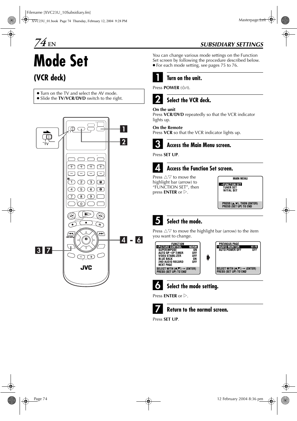 Mode set | JVC HR-XVC23U User Manual | Page 74 / 92