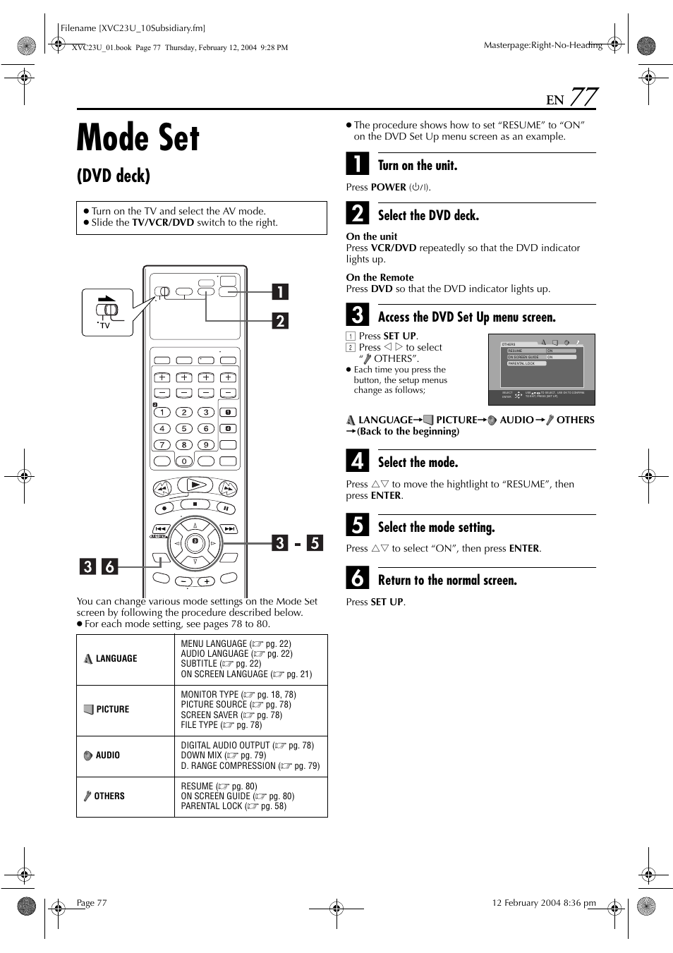 Mode set, Dvd deck), Turn on the unit | Select the dvd deck, Access the dvd set up menu screen, Select the mode, Select the mode setting, Return to the normal screen | JVC HR-XVC23U User Manual | Page 77 / 92
