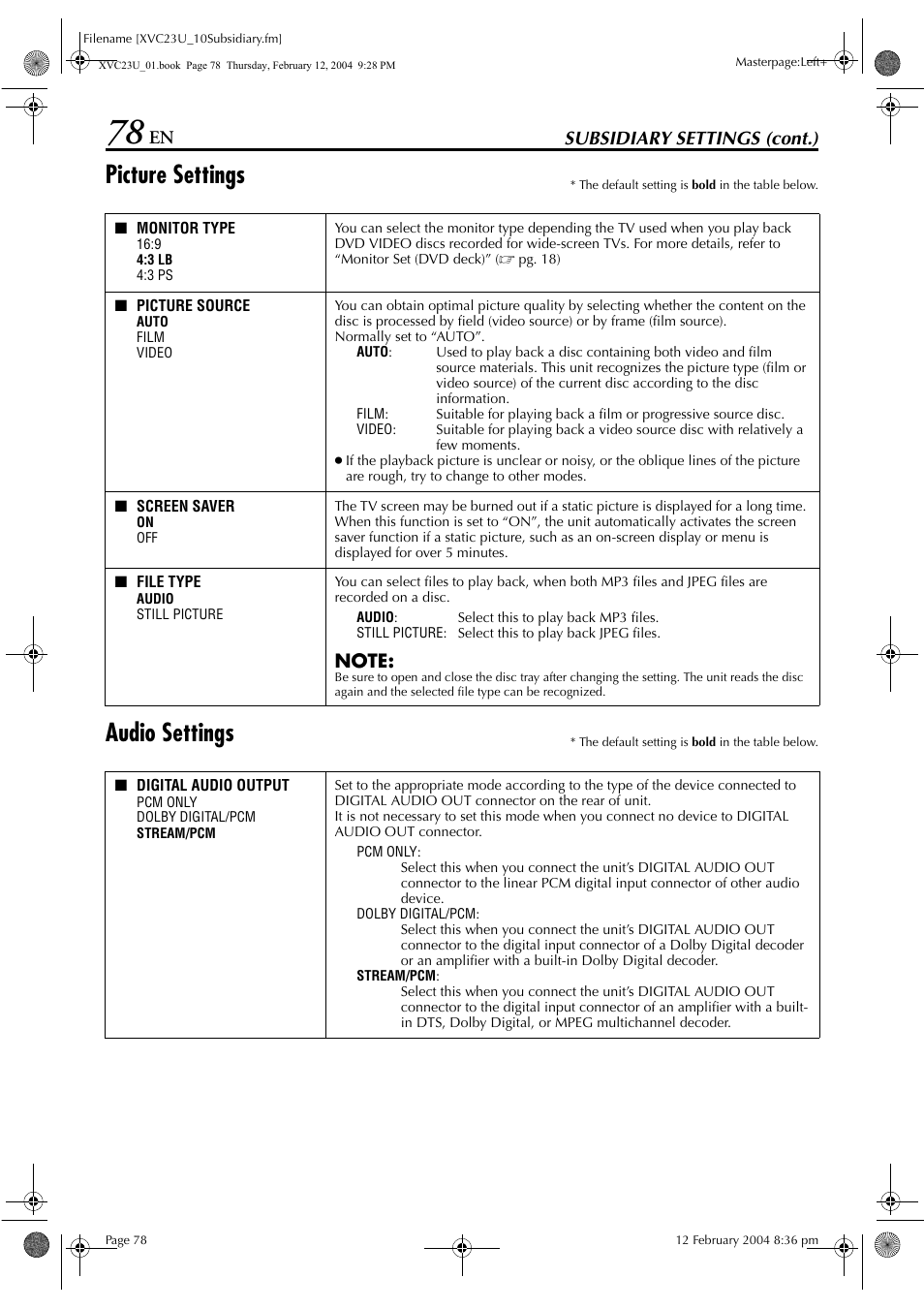 Picture settings, Audio settings, Subsidiary settings (cont.) | JVC HR-XVC23U User Manual | Page 78 / 92