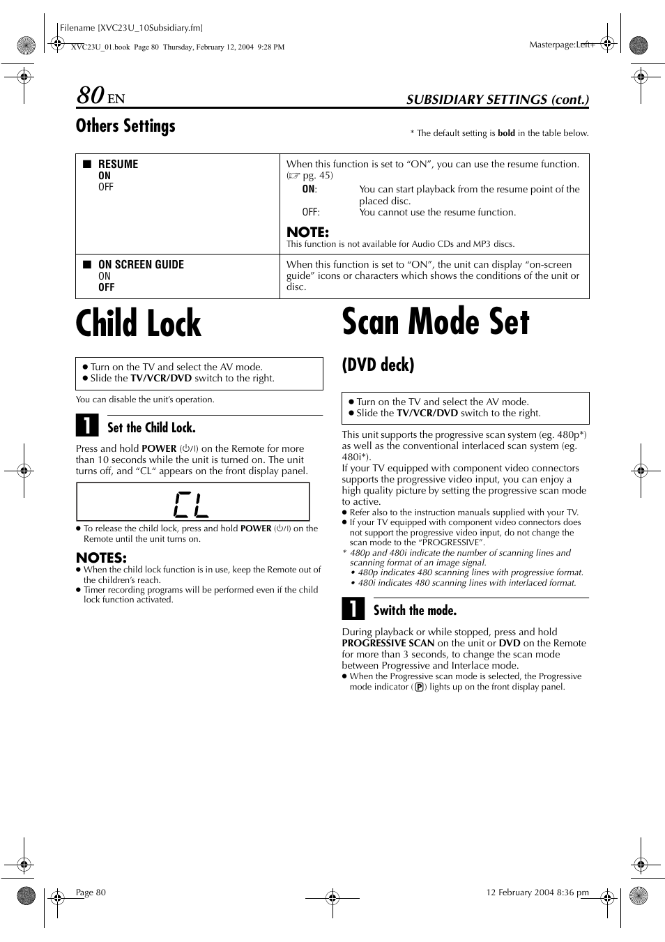 Child lock, Scan mode set, Others settings | Dvd deck) | JVC HR-XVC23U User Manual | Page 80 / 92