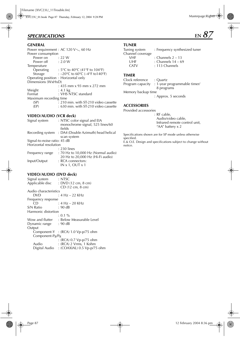 Specifications | JVC HR-XVC23U User Manual | Page 87 / 92