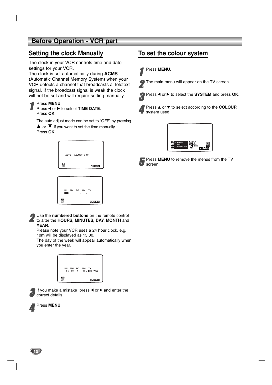 Before operation - vcr part, Setting the clock manually | JVC HR-XV2E User Manual | Page 14 / 41