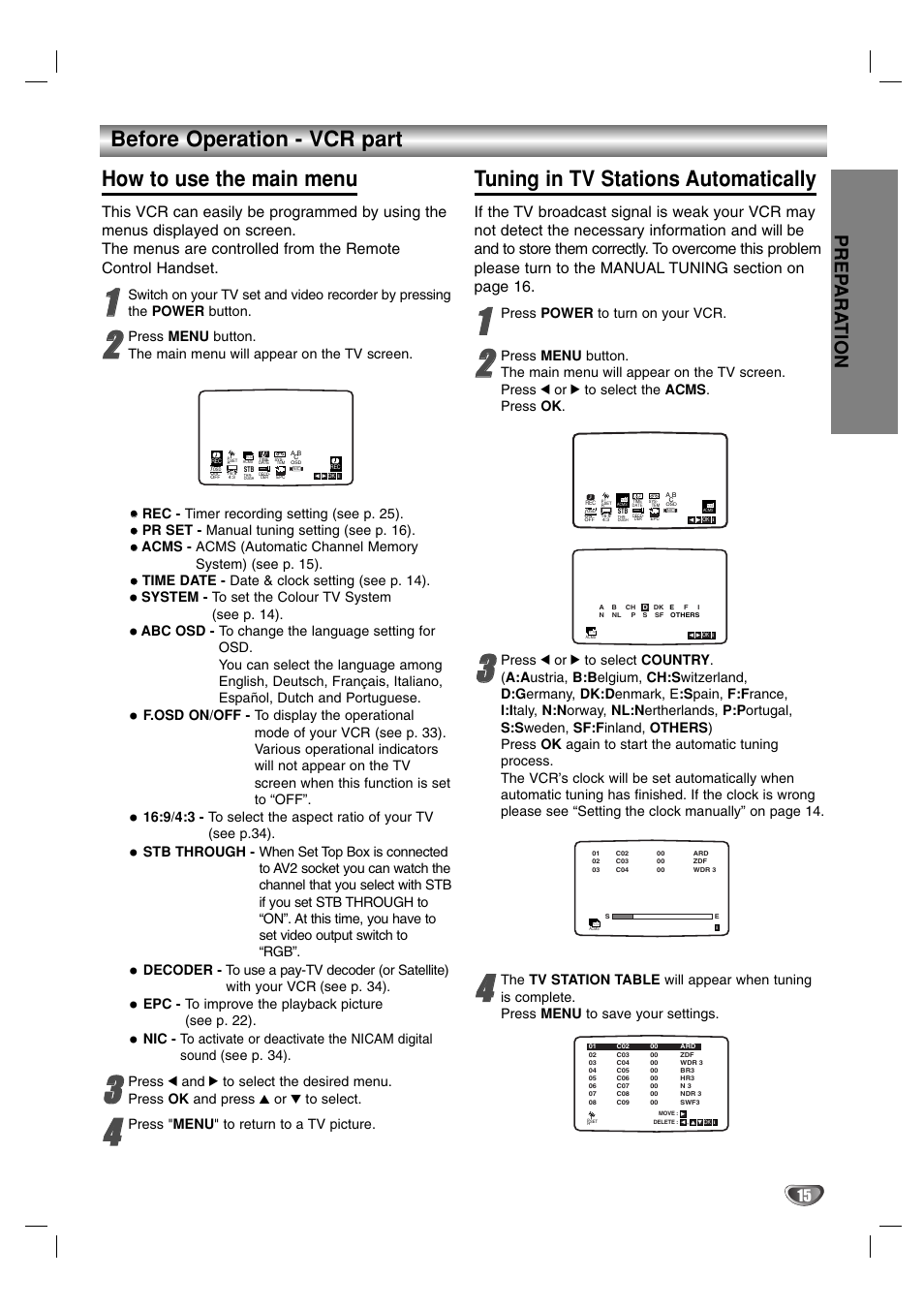Before operation - vcr part, How to use the main menu, Tuning in tv stations automatically | Prep ara tion, System - to set the colour tv system (see p. 14), Epc - to improve the playback picture (see p. 22), Press " menu " to return to a tv picture, Press power to turn on your vcr | JVC HR-XV2E User Manual | Page 15 / 41