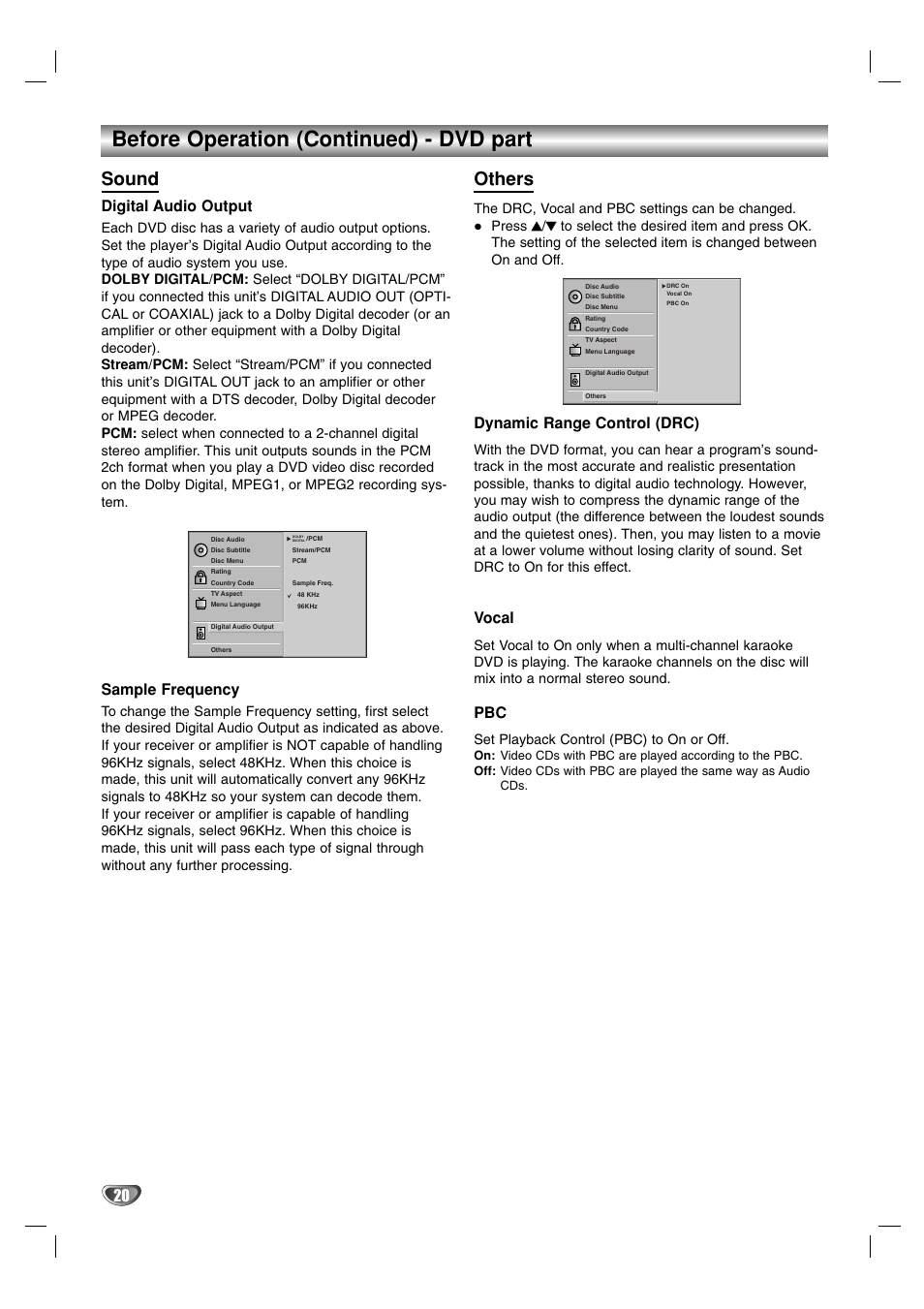 Before operation (continued) - dvd part, Sound, Others | Digital audio output, Sample frequency, Dynamic range control (drc), Vocal, Set playback control (pbc) to on or off | JVC HR-XV2E User Manual | Page 20 / 41