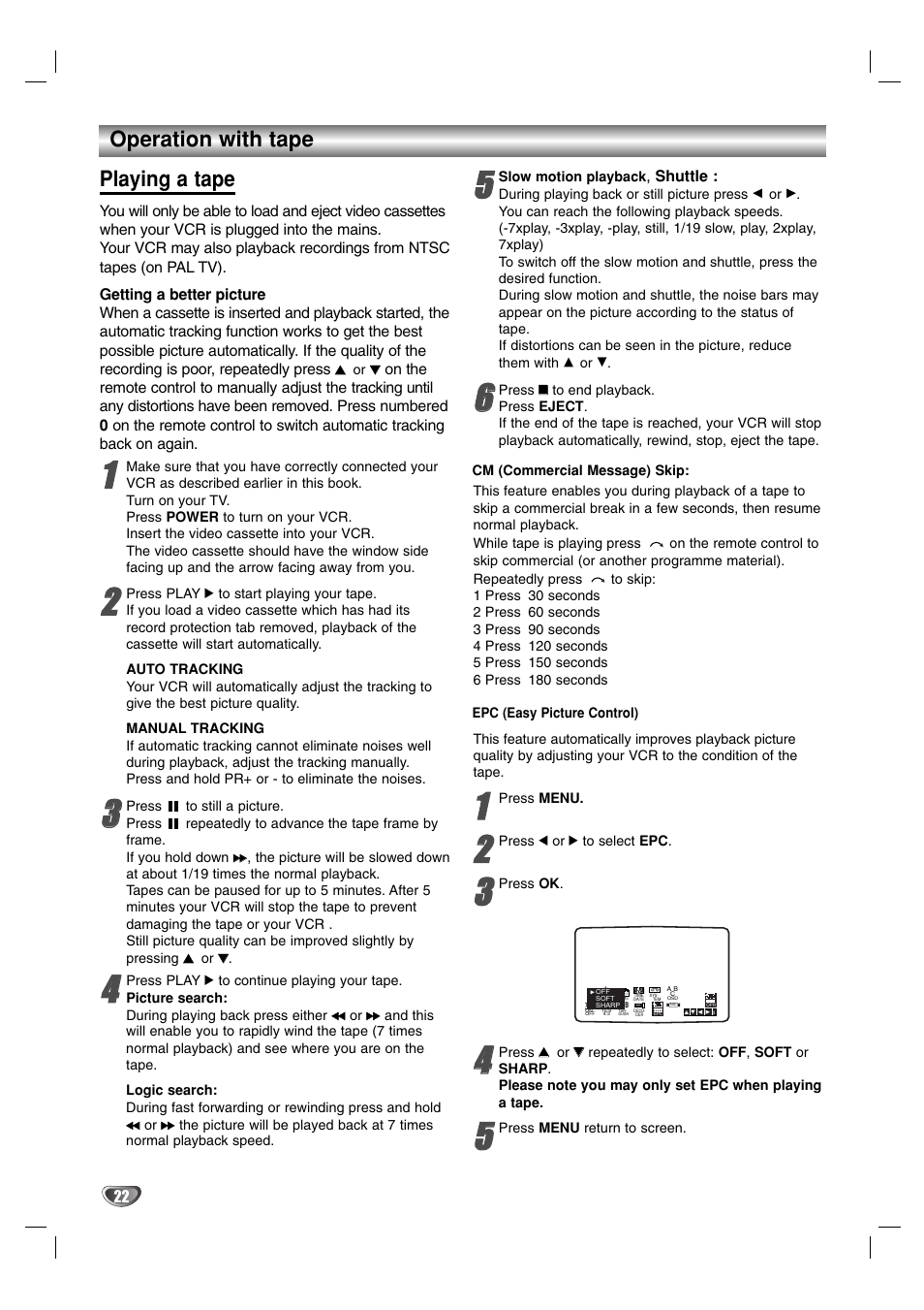 Operation with tape, Playing a tape | JVC HR-XV2E User Manual | Page 22 / 41