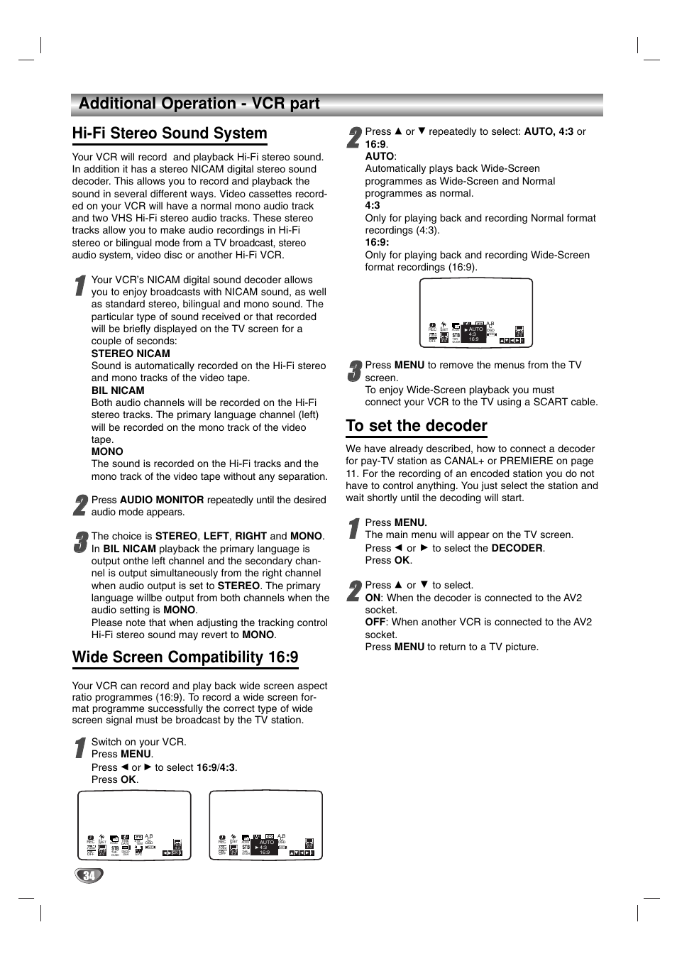 Wide screen compatibility 16:9, Switch on your vcr. press menu . press, Press | JVC HR-XV2E User Manual | Page 34 / 41