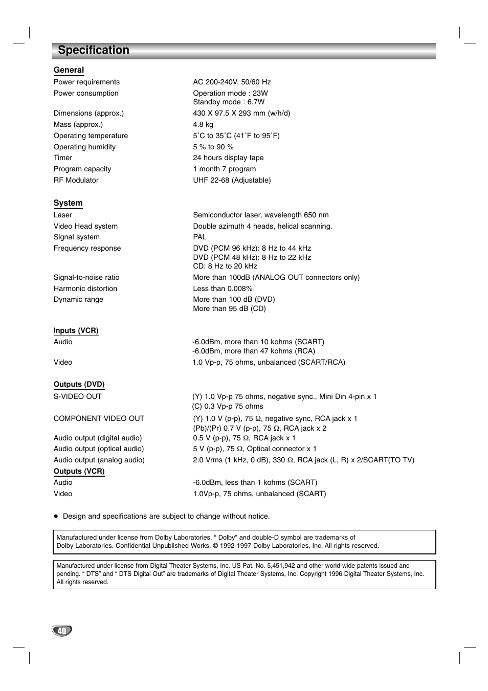 Specification | JVC HR-XV2E User Manual | Page 40 / 41
