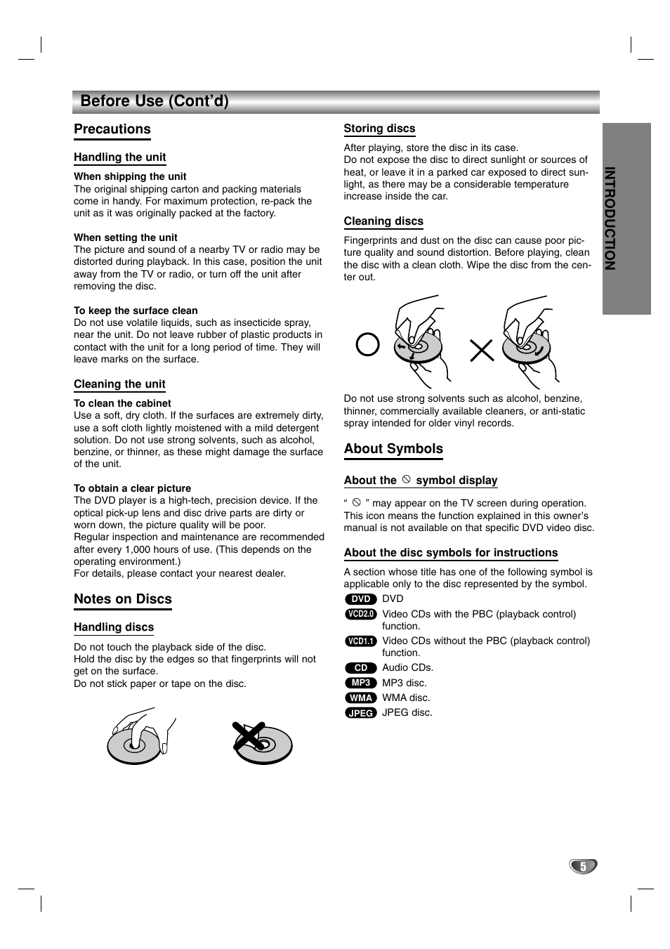 Before use (cont’d), Introduction, Precautions | About symbols | JVC HR-XV2E User Manual | Page 5 / 41