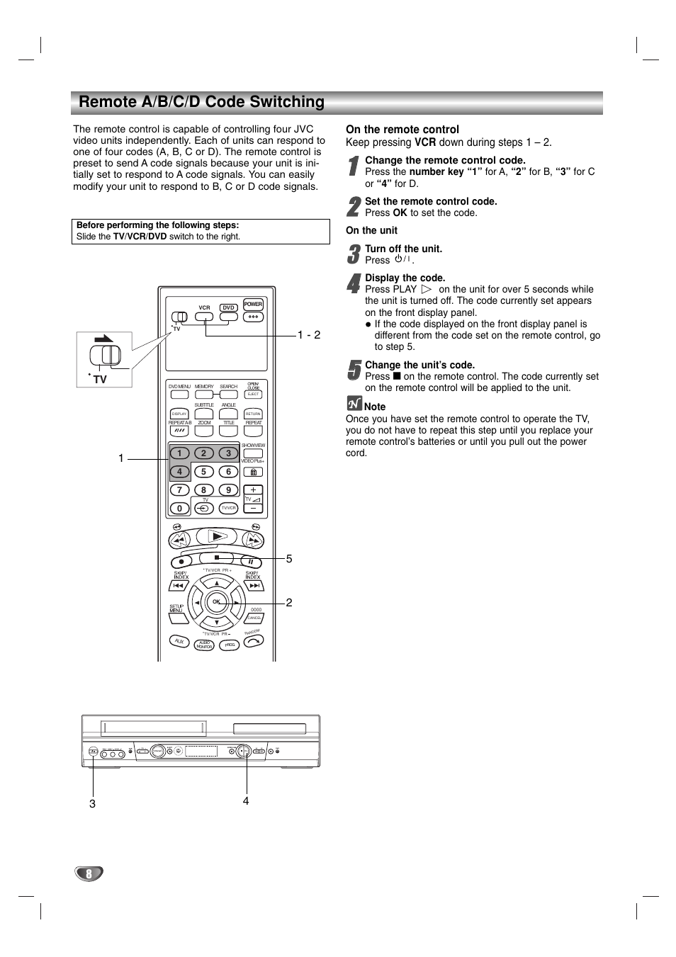 Remote a/b/c/d code switching | JVC HR-XV2E User Manual | Page 8 / 41