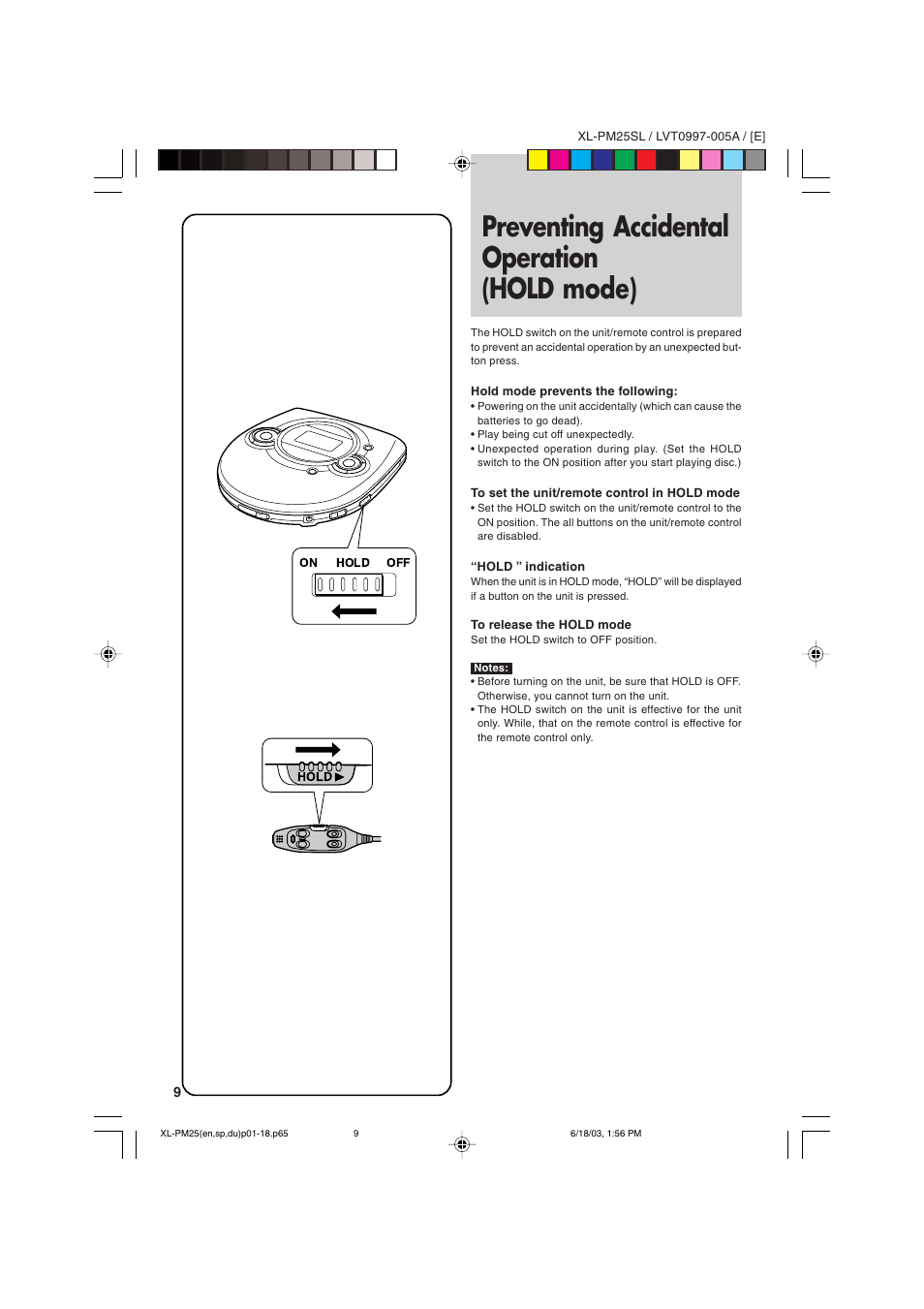 Preventing accidental operation (hold mode) | JVC XL-PM25SL User Manual | Page 12 / 48
